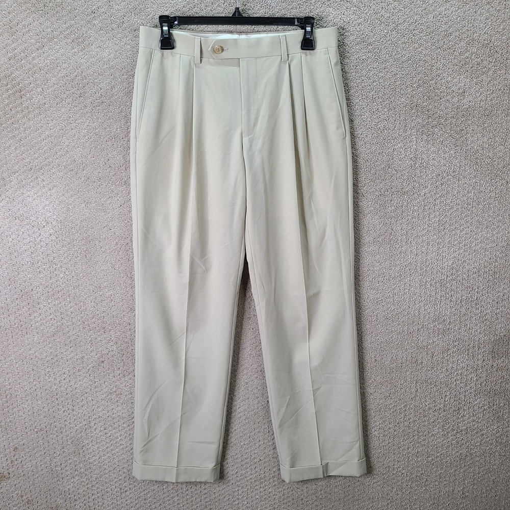 Vintage Ralph Lauren Pants Mens 30x30 Beige Pleated Relaxed Fit Polyester Dress